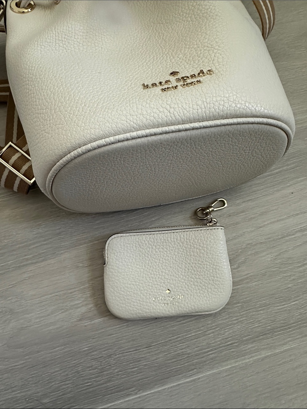 kate spade Cream Pebbled Leather Drawstring Bucket Bag with Striped Strap - Picture 3 of 3